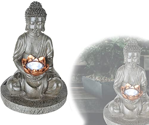 Solarlampe für Außen Garten Buddha Figur - Solarleuchte Balkon Statue - Gartenlampe Höhe 30 cm - Außenleuchte LED Stehend - Gartendeko Solar Wetterfest - inkl Pflegetuch