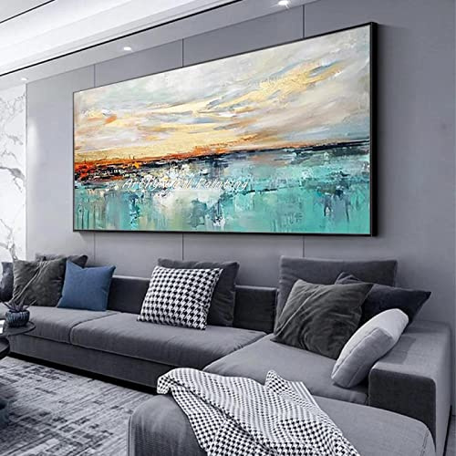 Landschafts-Leinwandbilder – See-Himmel-Ölgemälde auf Leinwand Abstraktes Gold-Kunst-Wandbild – moderne Heimdekoration 85 x 170 cm (33 x 67 Zoll) mit Rahmen