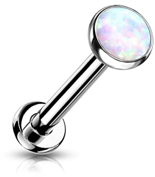 Paula & Fritz® Push-In Labret Piercing Kugel Opal 2-mm Weiß Titan-IUM Grade 23 Piercing 0,8-mm Stab-Dicke 6-mm Lang Madonna Medusa Monroe Tragus Helix