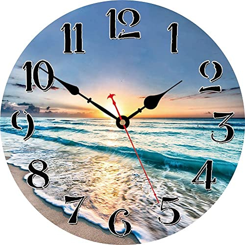 VIKMARI 30 CM Orologi da Parete Legno Orologio da Parete Cucina Orologio da Parete Silenzioso Non Ticchettio Tema Mare Decorazione Parete per Soggiorno Camera da Letto Sala da Pranzo, Onda dell'Oceano