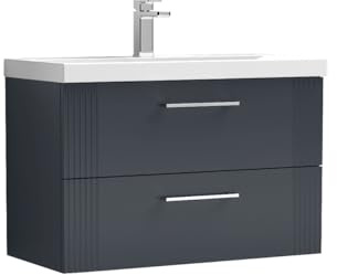 nuie DPF1495D Deco Modern Bathroom Wall Hung 2 Drawer Part Fluted Vanity Basin Unit with Thin-Edge Ceramic Basin, 800mm, Soft Black