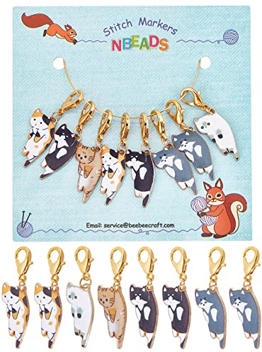 NBEADS 8 Pcs Cat Stitch Markers, Alloy Enamel Crochet Stitch Marker Charms Locking Stitch Marker with Lobster Claw Clasps for Knitting Weaving Sewing Accessories Quilting Jewelry Making