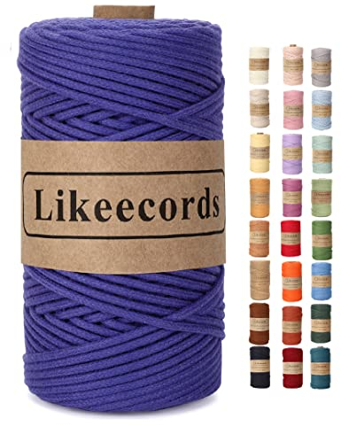 Likeecords Makramee Garn Geflochten 3mm x 100m,100% Natürliches Baumwollschnur Makramee-Schnur, Makramee-Seil, Bunte Bastelkordel aus Baumwolle für Taschen, Wandbehänge (Immergrün blau)