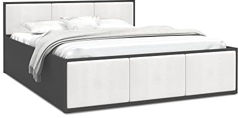 FurnitureByJDM Bett 120x200 mit Stauraum & Gepolsterte Einsätze – Doppelbett mit Bettkasten und aufklappbarem Lattenrost – Stauraumbett mit Liftfunktion - Panama (Grau/Weiße Einsätze)
