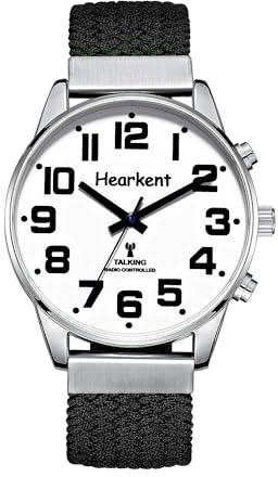Hearkent Reloj parlante inglés británico con números grandes autoajustable para personas con discapacidad visual, ciegos o ancianos, tamaño de hombre, Nailon negro, men size1, Clásico