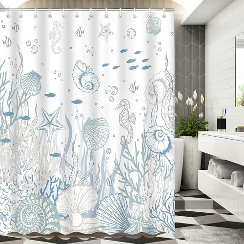 Lerores Rideau de douche 200 x 200 cm, textile anti-moisissure, motif fond marin, ourlet lesté, imperméable, lavable, en tissu polyester, avec œillets et 12 anneaux de rideau de douche, pour salle de