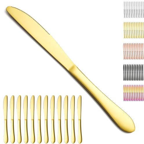 Berglander Gold Tafelmesser Set von 12 Stück, Titan vergoldet Edelstahl Buttermesser Speisemesser für Zuhause, Restaurant, Hotel, spülmaschinenfest