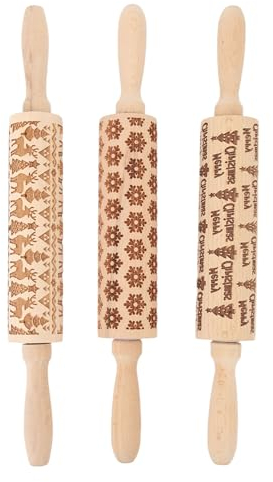 3Pcs Rouleau à Pâtisserie Rouleau à Pâtisserie de Noël Rouleau à Pâtisserie pour la Cuisson Rouleau à Pâtisserie en Relief en Bois Motif de Noël Mignon Rouleau à Pâtisserie en