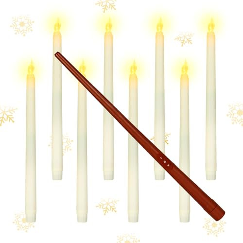 FZQBEY Christmas Decorations 8pcs Floating Candles with Wand Remote (6/18H Timer),11 Hanging Flameless Taper Candles Battery Operated, Flickering Warm Light,for Christmas,Wedding,Home Decor (Red)