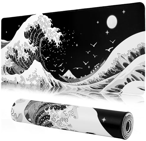 MEWOOCUE® Tapis de souris de jeu pour bureau, grand tapis de souris motif vagues de mer pour ordinateur portable, noir et blanc, tapis de souris à motif d'anime japonais, long et XXL, imperméable,