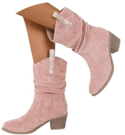 shownicer Stivaletti Corti alla Moda Pelle Scamosciata da Donna Stivali da Cowboy Autunno Inverno Moda Tacco a Blocco Stivali Corti Camoscio Stivali Casual a Tubo Medio A Rosa 39 EU