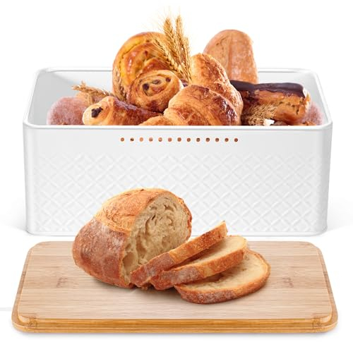 Dyserbuy Bread Bin, Bread Bins for Kitchen, White Bread Bin with Bamboo Lid, Metal Box, Bread Storage Container, 33x18x13.5 cm