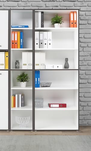 Forte KEFLAVIK Bücherregal 80 90, Offenes Regal mit 5 Einlegeböden, Standregal schmal, modern, Holzwerkstoff, Weiß/Uni Wolfram Grau, 84,5 cm breit x 226,5 cm hoch x 41,5 cm tief