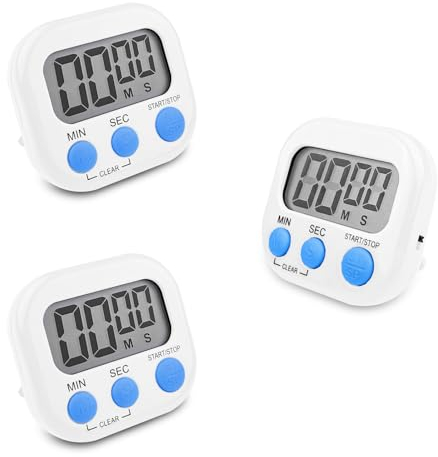 Fousenuk 3 Piezas Temporizador Cocina Digital Blanco, Cronometro con Pantalla LCD Grande, Timer con Alarma Fuerte, Reloj Temporizador Respaldo Magnético para Estudiar Trabajar Cocina