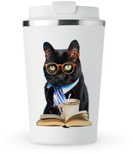 MAXIKIWI - Insulated Double Walled, Leakproof Stainless Steel Mug, Coffee or Tea Travel Tumbler with Lid, Keep Drinks Hot and Cold - Black Cat Reading Book - 350ml