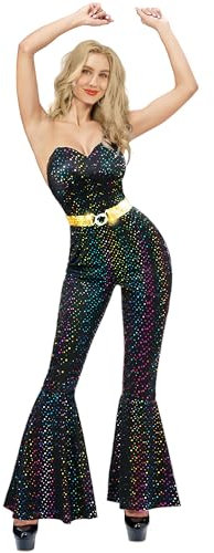 Spooktacular Creations 70er-Jahre-Disco-Kostüm für Damen, schwarzer Pailletten-Disco-Overall, Disco-Kostüm für Erwachsene mit Gürtel für Bühnenauftritt und Halloween-Verkleidungsparty L