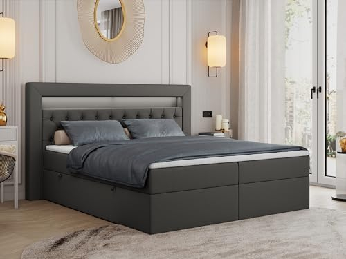 MKS MEBLE Boxspringbett 200x200 mit Led, Polsterbett 200x200 mit LED Kopfteil - Multipocket-Matratze H4 - Doppelbett mit Bettkasten Stauraumbett - Gold-6 - Dunkelgrau Kunstleder