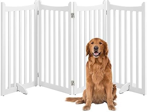Yaheetech Absperrgitter Hund Schutzgitter, HxB: 90,5 x 201,5 cm, Hundegitter Wohnung mit 2 Stützfüßen, Faltbares Schutzgitter, Treppengitter, Absperrgitter für Küche/Flur/Kamin/Ofen, 4 Paneelen, Weiß