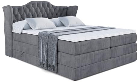 ALTDECOR Boxspringbett mit Matratze und Lattenrost, Topper, Polsterbett mit Bettkasten, Bett mit Stauraum H3- und H4- Matratze, Doppelbett, Springboxbett - Vila King - 140x200 - Dunkelgrau Samt