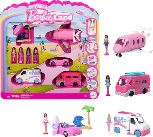 Barbie Mini BarbieLand Conjunto de 4 muñecas y vehículos, incluye 4 muñecas Barbie de 3,81cm y 4 vehículos de juguete emblemáticos con sorpresa de cambio de color, JGL30