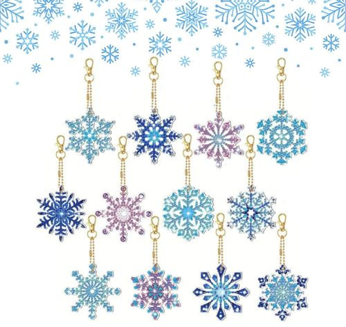 12 Stück Schneeflocken Diamant Painting Weihnachten Deko, Kristall Hängender 5D Weihnachten Schneeflocken Anhänger DIY Diamond Painting Schlüsselanhänger Wind Glocke HäNgende DiamantzubehöR (Blau)