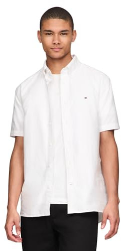 Tommy Hilfiger Short Sleeve Oxford Regular Fit, Men's Button Down Shirts, Optic White, Medium
