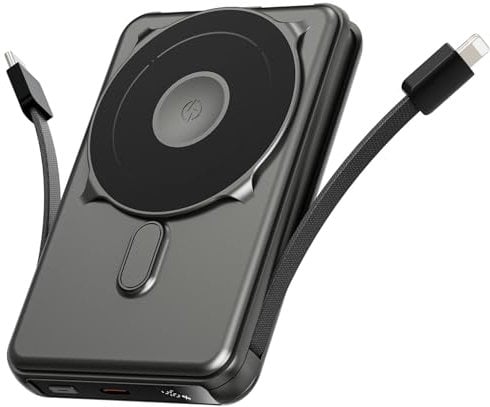 Eddibox Magsafe Powerbank 10,000mAh mit Integriertem USB-C+ Lighting Kabel 20W PD Schnellladung LED Display, iPhone Powerbank Magsafe Faltbarer Ständer für iPhone 16/15/14/13,Apple Watch, AirPods