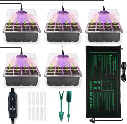 NAMOTEK 5 Pack Seed Starter Tray with Heat Mat and Grow Light Humidity Domes, 60 Cell Trays Germination Station Cloning Kit heated propagator for seeds