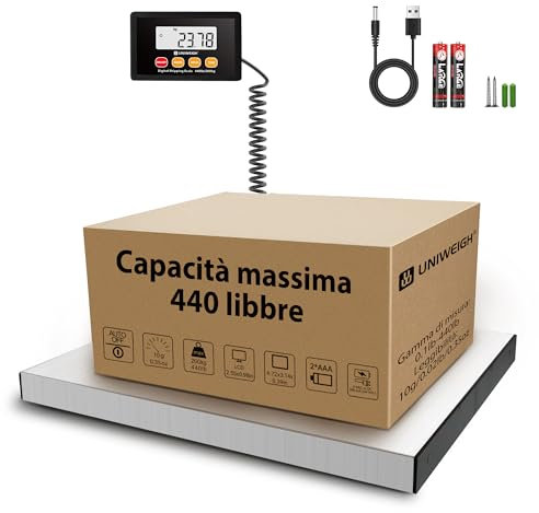 UNIWEIGH Paketwaage,440lb x 10g Hochpräzise Digitale Postwaage,Edelstahl Plattformwaage,Schwerlastwaage mit LCD/Hold/Tara/Funktion,Paketversandwaage für Pakete/Lager/Gepäck,Inklusive Batterie&USB