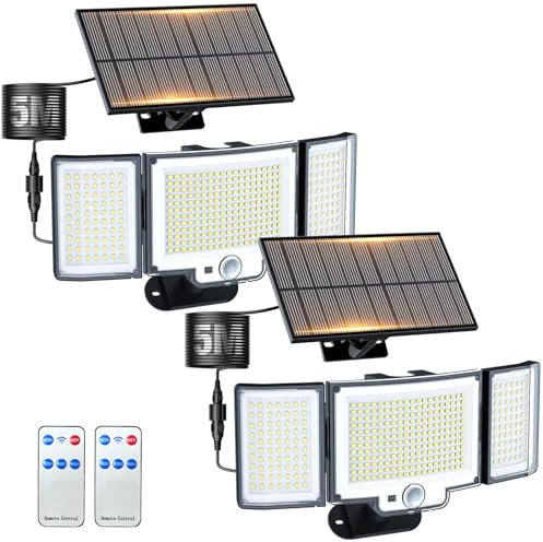 nipify Luz Solar Exterior, 366 LED Potente Foco Solar Exterior con sensor de movimiento, 3 Modos con Control Remoto, 3 Cabezas 270° Iluminación, Luces Solares Led Exterior Jardin Garaje Terraza, 2Pcs