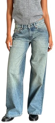 LYSINK Women Wide Leg Jeans Loose High Waisted Straight with Pockets Pants Summer Spring Casual Denim Long Trouser (Ba Sky Blue, L)