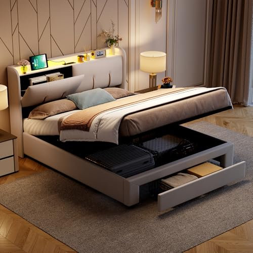 Polsterbett Doppelbett 140x200 cm, Hydraulisches Bett 140x200 mit Bettkasten und Lattenrost, Stauraumbett mit Schubladen, Staufach-Kopfteil mit LED und USB Ladestation, Jugendbett Rückenlehne Bett