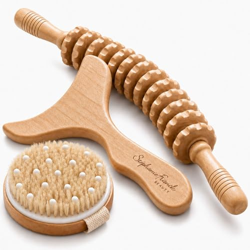 Stephanie Franck Beauty Maderotherapie Set aus Holz, 3-teilig mit Roller, Körper Gua Sha und Trockenbürste für eine einfache Körperpflege-Routine zuhause