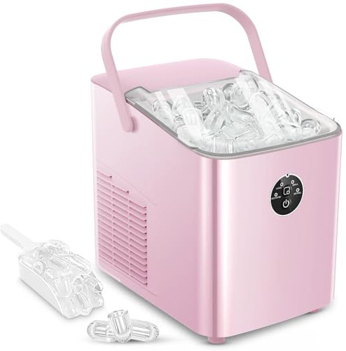 FOHERE Eiswürfelmaschine 14kg 24 Stunden, Eiswürfel in 5 Min, 2 Größen von Bullet Ice, Selbstreinigender Eiswürfelbereiter mit Griff, Eisschaufel u. Korb, Ice Maker für Party Büro RV (Rosa)