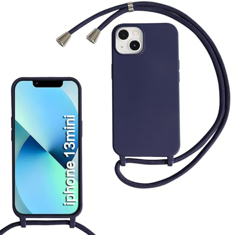 Beajew Coque Compatible avec iPhone 13 Mini Silicone Case, Couleurs de Bonbons Cover Silicone Antichoc, Coque Protection Antichoc avec Cordon Réglable Téléphone Case, Bleu Foncé