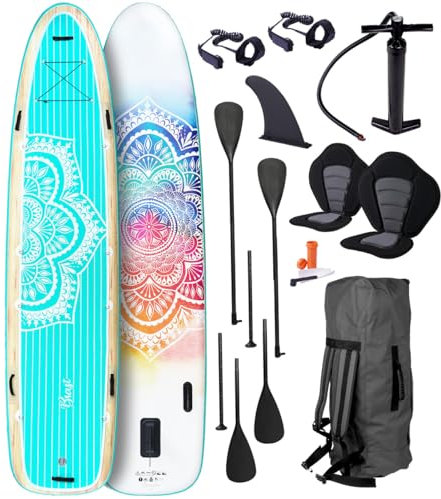 BRAST® SUP Board Family | Aufblasbares Stand up Paddle Set XXL | 370x87x15cm bis 210kg | 7 Designs | inkl. Zubehör 2X Kajak-Sitz 2X Fußschlaufe 2X Paddel Pumpe Rucksack | Mandala