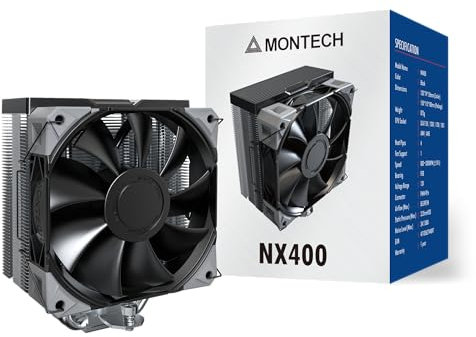 MONTECH NX400 - CPU Air Cooler, Single Tower, 4 Advanced Heat Pipes, 52-fin Heat Sink, E28, 120mm FDB Static Pressure Fan, 28mm Fan Thickness, Corner-Cover Footpads, Polished Top Cover - Black