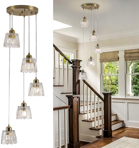 FRIXCHUR Moderner Vintage Hängelampe 5-armig | Gold Glas-Schirmen, ideal für Wendeltreppen, Wohnzimmer & Eingangshalle (ohne Leuchtmittel)
