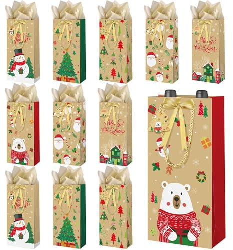Wine Bottle Gift Bags 12 Pcs with Handles 13.8 x 6.7 x 3.5 Inch Paper Bottle Bags with Tissue Paper Gift Tags Kraft Wine Bag Tote for Holiday Festival Birthday Party