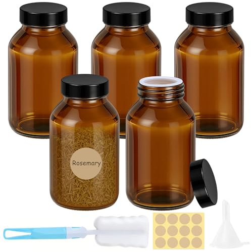 Ferenando 5 Pack 500ml Amber Glass Bottles, Vintage Apothecary Jars | Amber Glass Jars with Black Lid & Inner Seal, Double-Leak Proof, for Storage Herbs, Spices, Coffee, Oils, Bath Salt