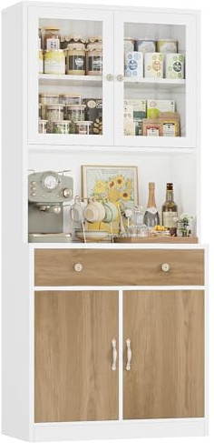 HOCSOK Küchenschrank, Buffetschrank, Sideboard mit Arbeitsplatte Verstellbaren Einlegeböden, 2 Glastüren und Schubladen,Küchenbuffet für Küche, Wohnzimmer, Esszimmer, 180 x 40 x 80 cm