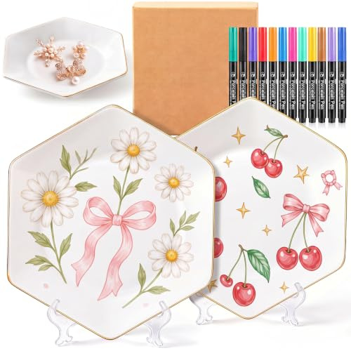 Sinmoe Set di Pittura Ceramica DIY 2 Piatti in Ceramica Vassoio da Portata Bianco 12 Penne in Porcellana per Lavastoviglie 2 Espositori e 1 Scatola Regalo per Pasqua Coppie Amici Famiglie (Esagonale)