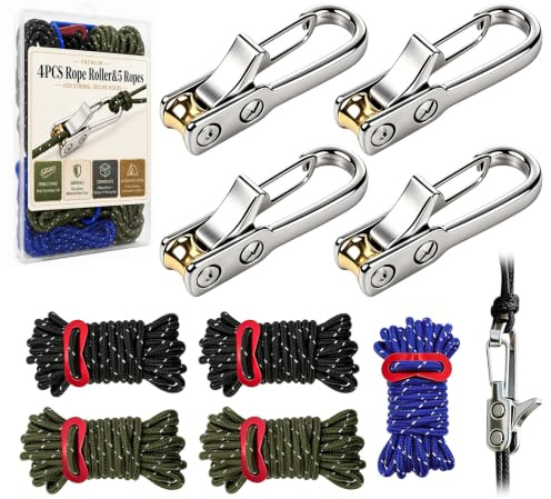 4PCS Rope Roller with 5PCS Guide Ropes, Nylon Rope Tensioner with Tent Guide Ropes for Camping Accessories