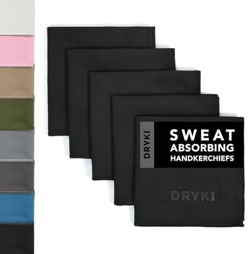 DRYKI Sweat Absorbing Handkerchiefs - The Original Sport Microfiber Hankies for Wicking Sweat from Hands, Face, Body (Classic Black, 5 pack)