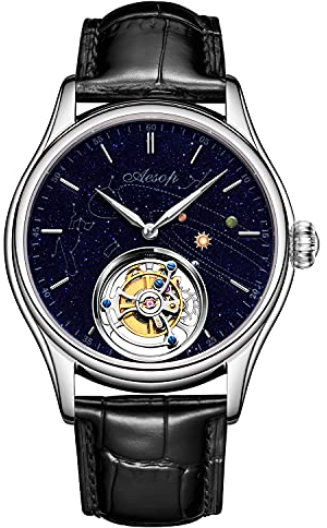 Aesop Tourbillon Uhren Herren Mechanische Uhr Skelett Analog Handaufzug Armbanduhren Saphirglas 50M Wasserdicht Klassische Luxusuhren mit Sternenhimmel-Zifferblatt 7025(Silber/Leder)