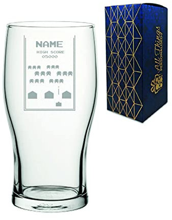 Personalised Engraved Pint Glass with Name Retro Space Arcade Game, Gift Boxed, Personalise with Any Name for Any Gamer