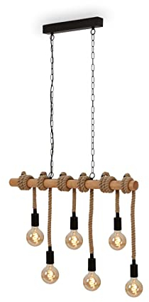 BRILONER Leuchten Pendelleuchte Holz, Rustikale Hängelampe, 6-flammige Seilleuchte, E27 max. 40 Watt, Retro Esszimmerlampe, Schwarz 4044-065