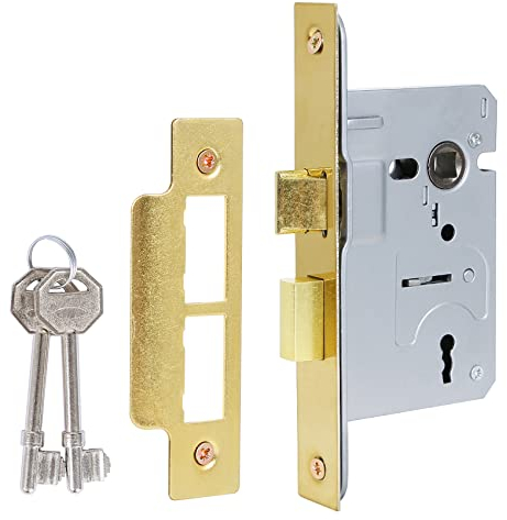 DIDA® Mortice Sashlock 3 Lever Polished Brass Mortise Locks Sashlocks 75mm, Door Lock with Key Suitable for Internal or External Doors, Door Latch Hardware and Key Locking Door Security