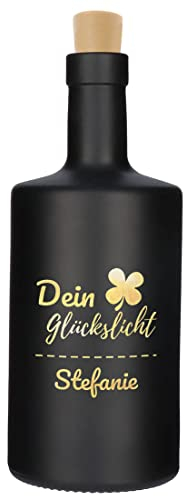 polar-effekt LED-Leuchtflasche in schwarz mit Wunschgravur - Motiv Dein Glückslicht - personalisierte Dekoflasche inkl. Lichterkette - Dekoration für Wohnzimmer, Schlafzimmer - Mann, Frau