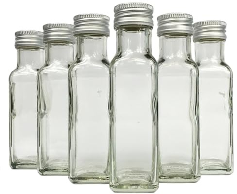 Vitrea 24 leere Glasflaschen 100ml Schraubverschluss Silber Eckig - kleine Flaschen zum Befüllen mit Deckel - für Saft, Getränke, Likör, Öl, Saucen - 24 Stück, Maraska